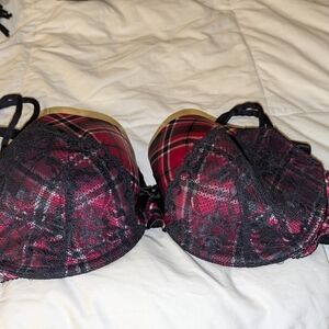 Cacique Hot Pink and Black Plaid Lace Bra